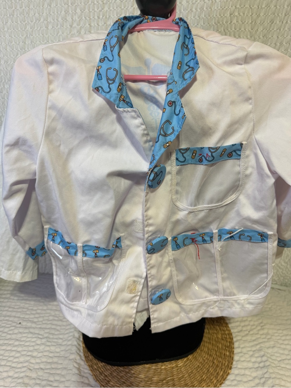 Children's White Play Doctor Coat with Blue Stethoscope Trim